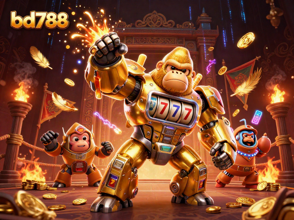 Engage with bd788's thrilling slots experience featuring a golden gorilla mech bursting with coins.
