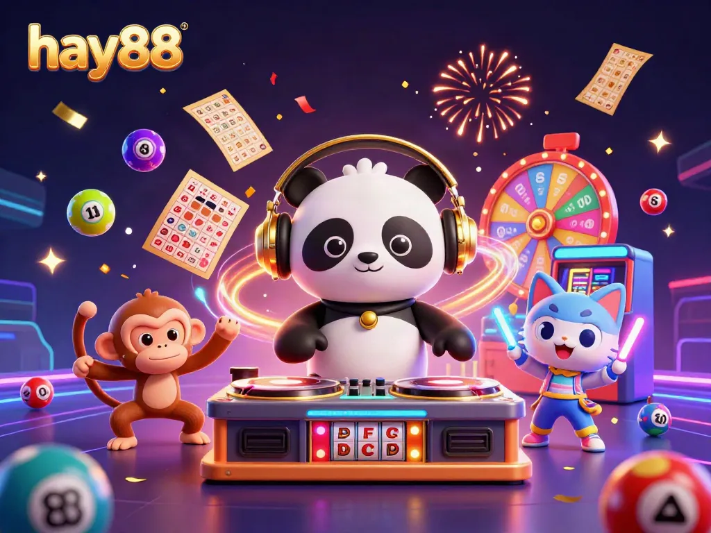 Join the fun at hay88 with vibrant symbols and characters in this energetic casino-themed illustration.