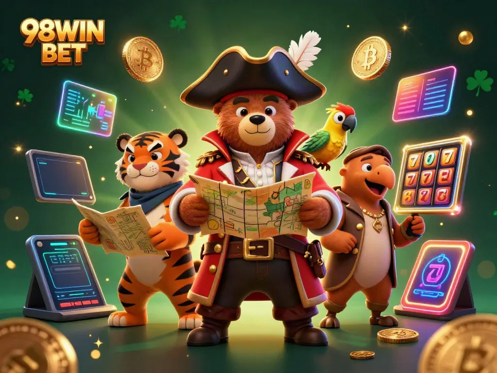 Engaging 3D scene showcasing 98WIN BET with characters and vibrant casino elements for an exciting gambling experience