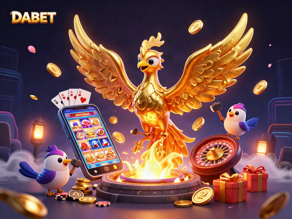 DABET offers an engaging experience with molten gold phoenix, vibrant slot games, and dynamic casino elements.