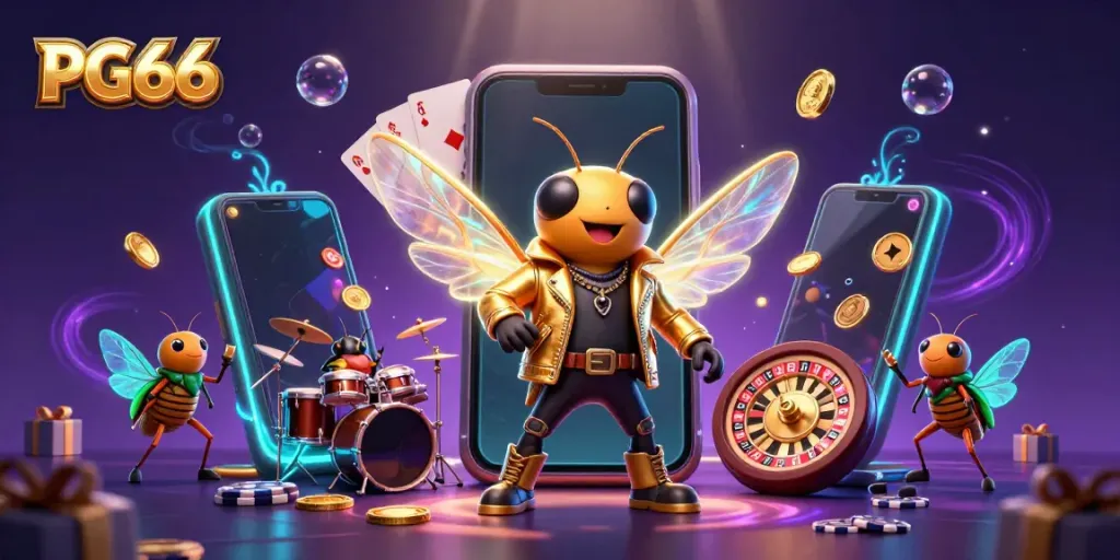 Experience PG66's vibrant casino atmosphere with a buzzing rock star cicada and drumming beetle in this dynamic 3D illustration.