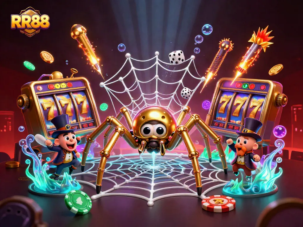 RR88 captures a steampunk spider weaving a golden web of luck filled with dice and slots in a vibrant casino scene.