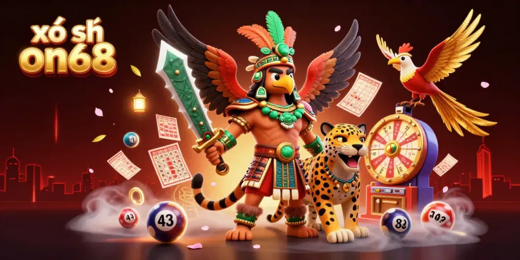 Engage in xổ số on68 as a vibrant 3D lottery scene with warriors, colorful numbered balls, and a prize wheel