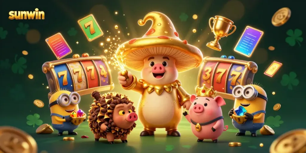 Experience the magic of sunwin with a golden wizard and diverse casino elements in an exciting 3D scene.