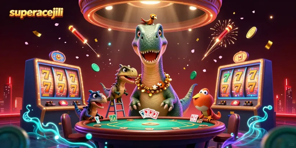 Spin the reels and win big with superacejili in this vibrant casino-themed illustration.