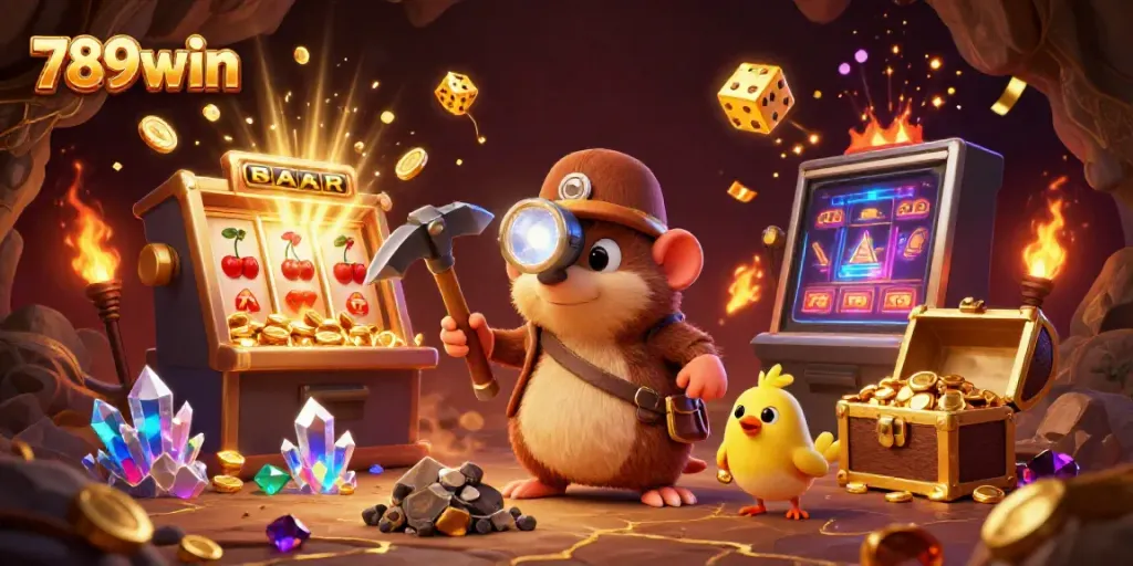 Experience thrilling wins with 789win's magical treasure hunt in a vibrant casino scene.