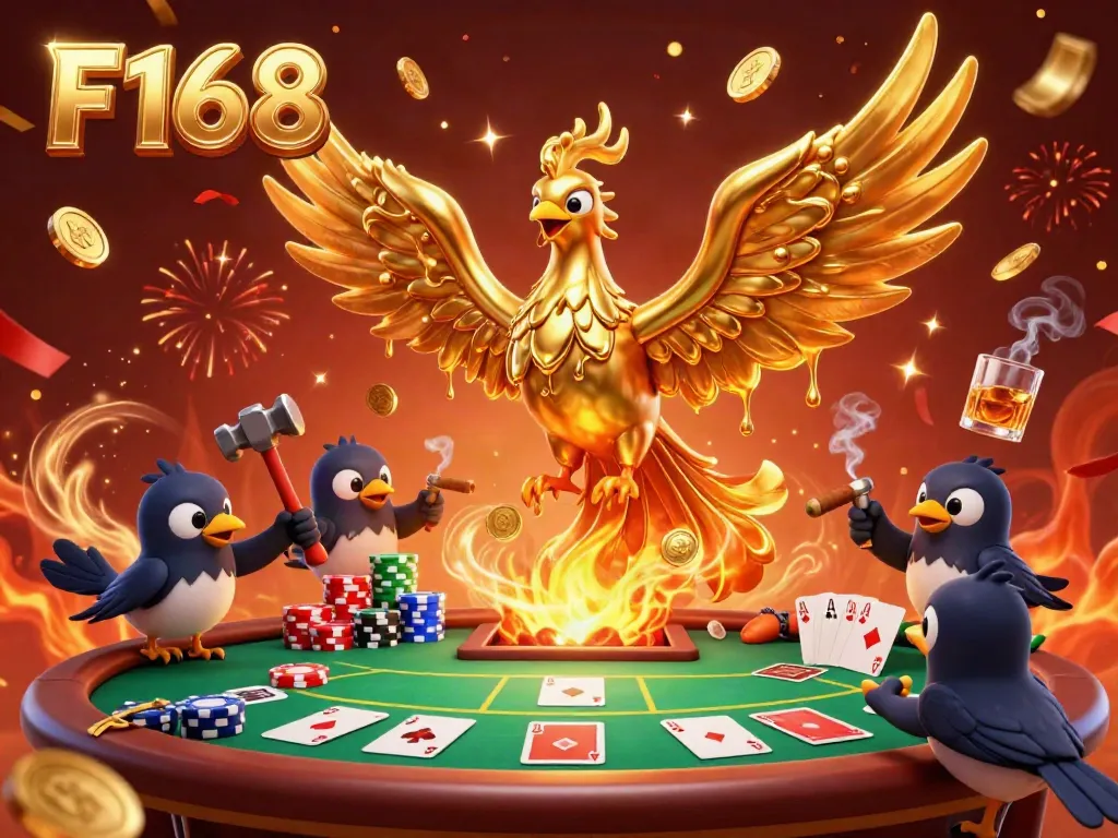 Join the thrilling action at F168 with a vibrant casino scene featuring a molten golden phoenix and gambling elements.