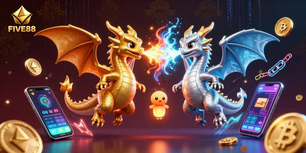FIVE88 offers engaging online gaming action with 3D dragons representing excitement and winning opportunities.