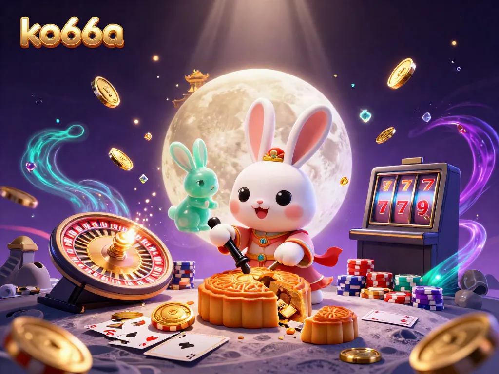 Experience the magic of ko66a with a vibrant 3D casino-themed illustration of a moon rabbit.