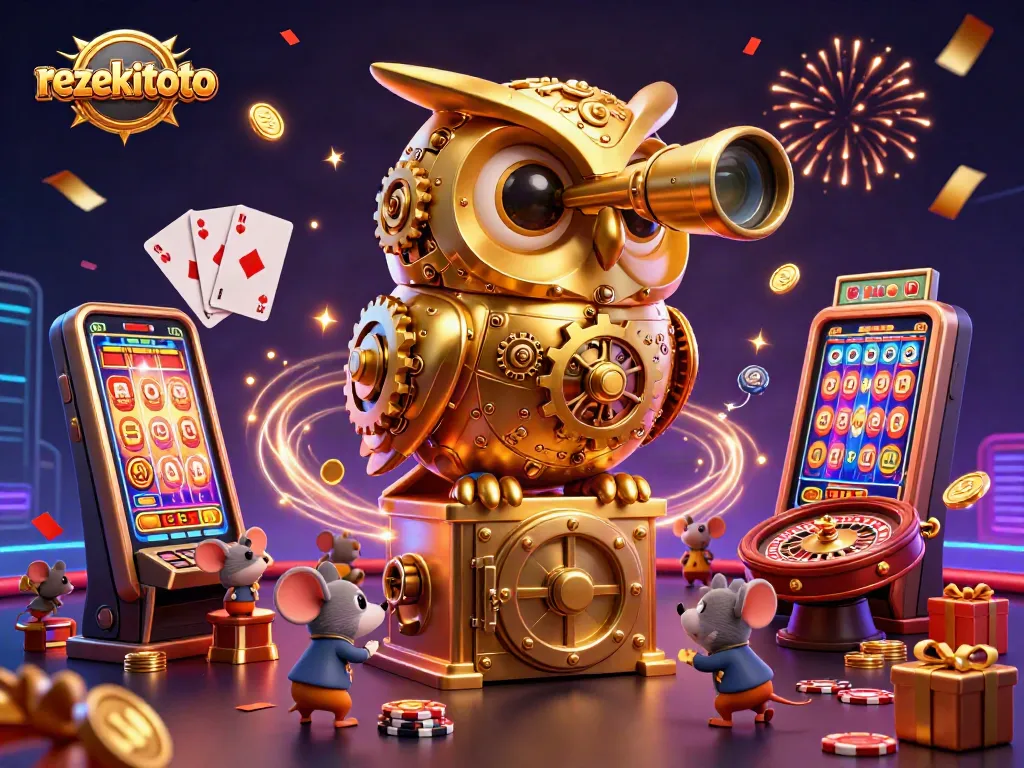 Experience thrilling gameplay with rezekitoto's cartoon owl and vibrant casino elements in a dynamic scene.