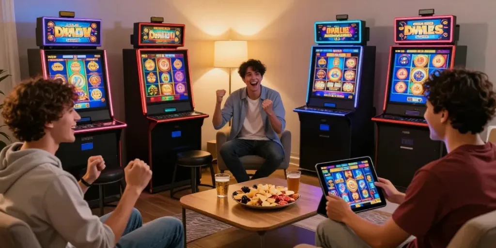 Engaging scene of players enjoying slot games on multiple devices in a cozy living room.