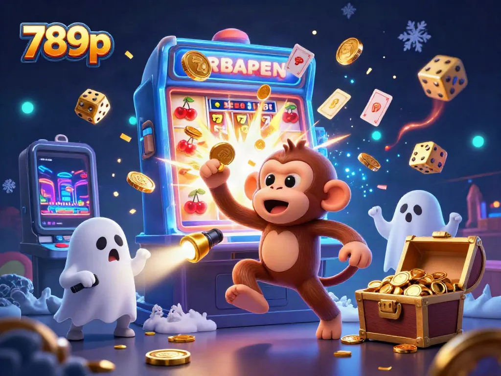 Experience the excitement of 789p with ghostly characters amid a vibrant casino scene filled with jackpots.