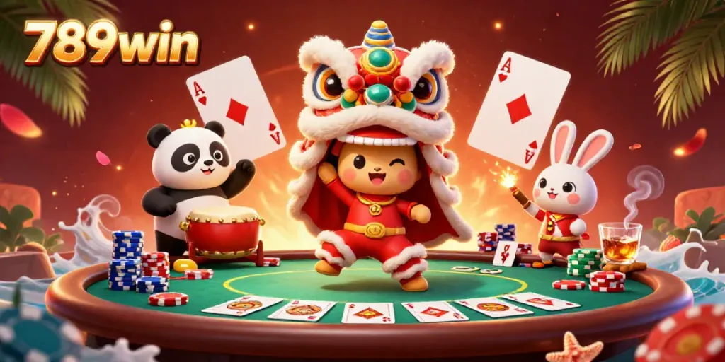 Engage in action with 789win's vibrant casino atmosphere showcasing poker elements and festive characters.