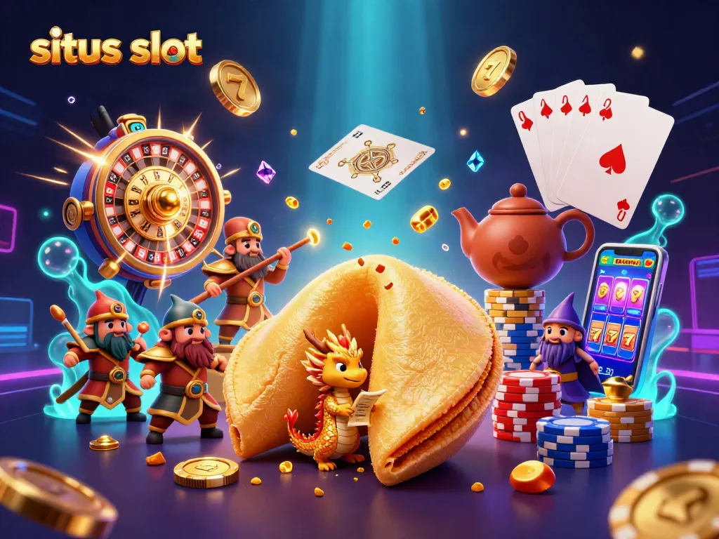 Engage with situs slot dynamics featuring a golden fortune cookie, dragon, and vibrant casino elements.