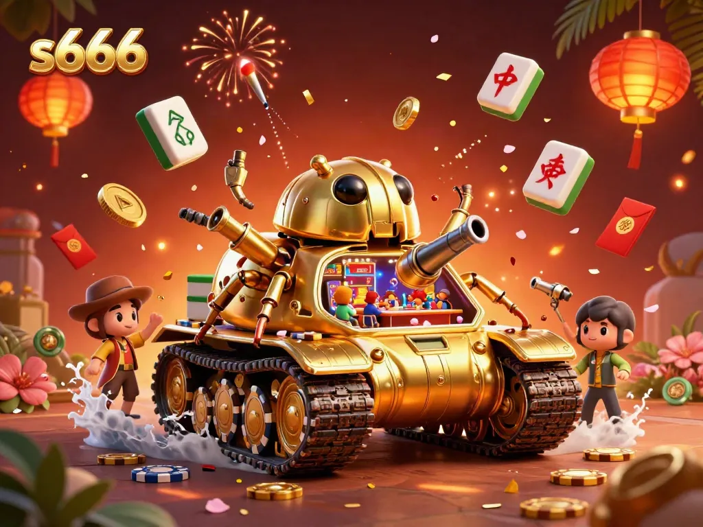 Engage in the vibrant 3D casino scene of s666 with dynamic elements like floating mahjong tiles and golden confetti.