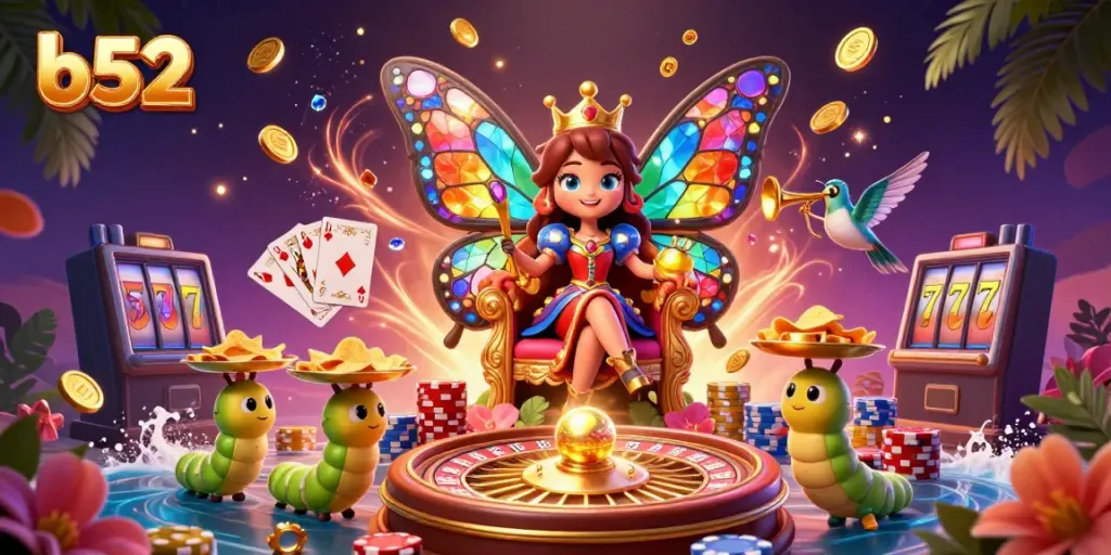 Experience excitement at b52 with vibrant casino characters and games in a colorful 3D scene.