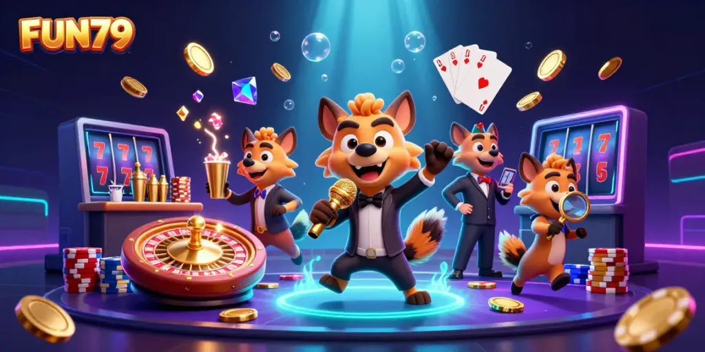 Experience FUN79 excitement with animated hyenas at a vibrant comedy casino club.