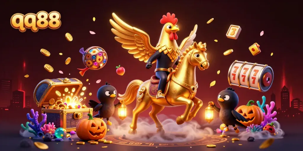 Experience the thrill of qq88 with a golden rooster casino adventure amidst sparkling treasures and dynamic elements.