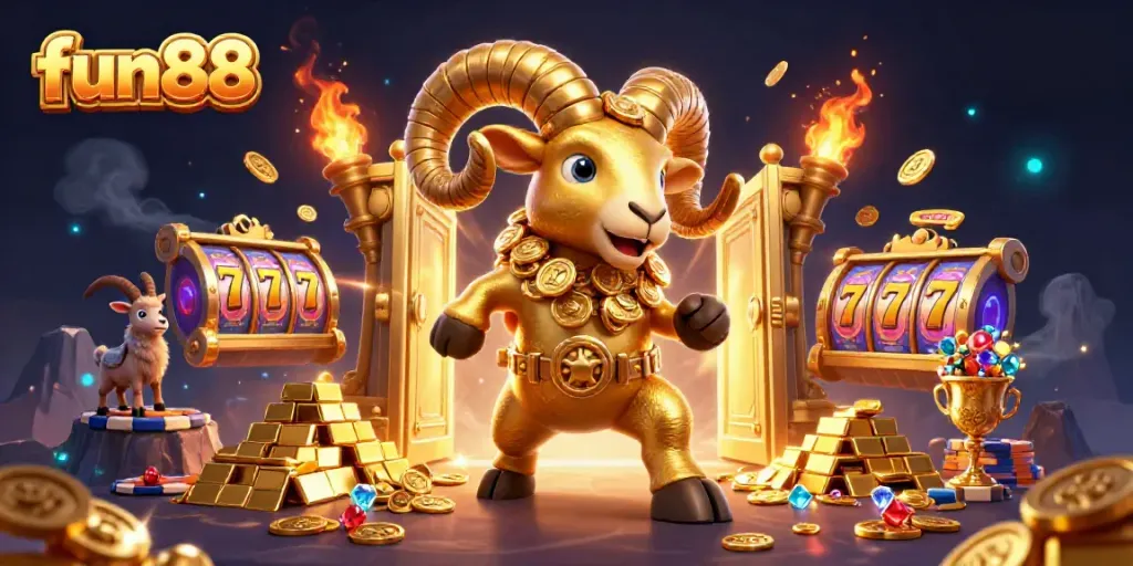 Experience winning moments at fun88 with a dynamic illustration of a golden ram charging through a treasure-filled casino.