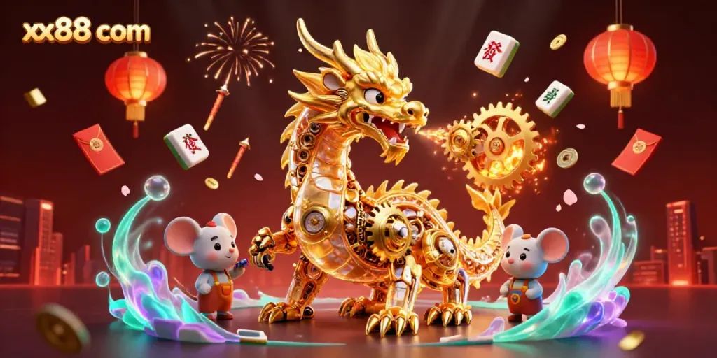 Experience vibrant gameplay with xx88 com, featuring a golden dragon and dynamic casino elements.