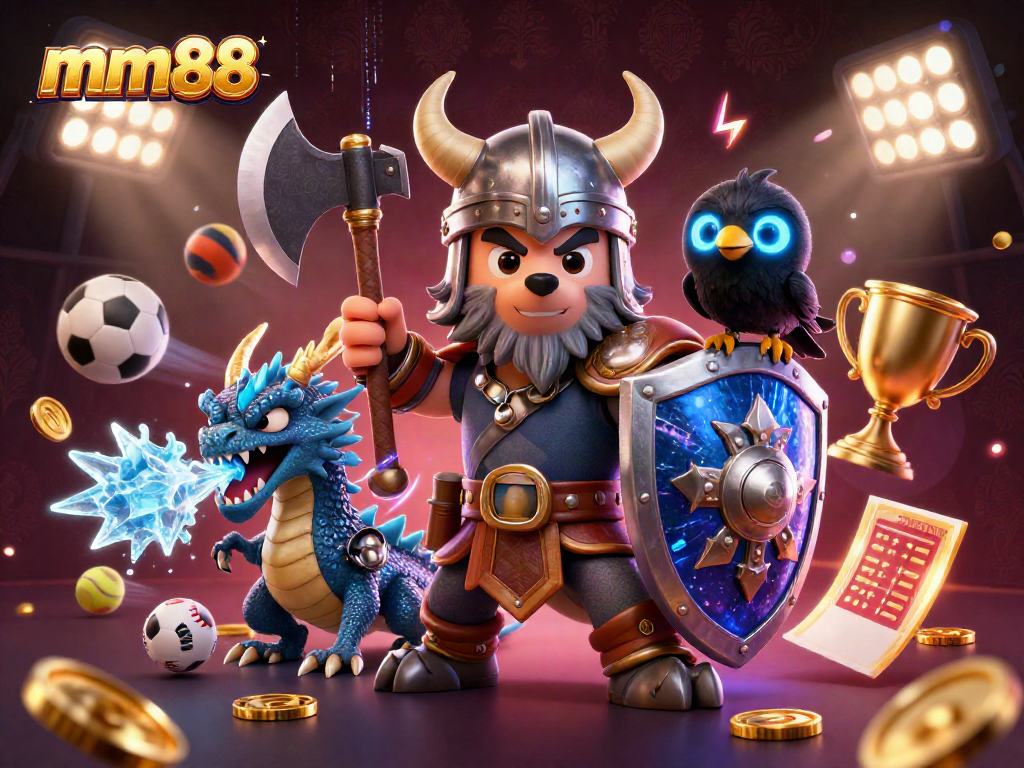 Engage in thrilling mm88 gaming with a Viking wolf warrior and a fierce dragon amidst sports elements.
