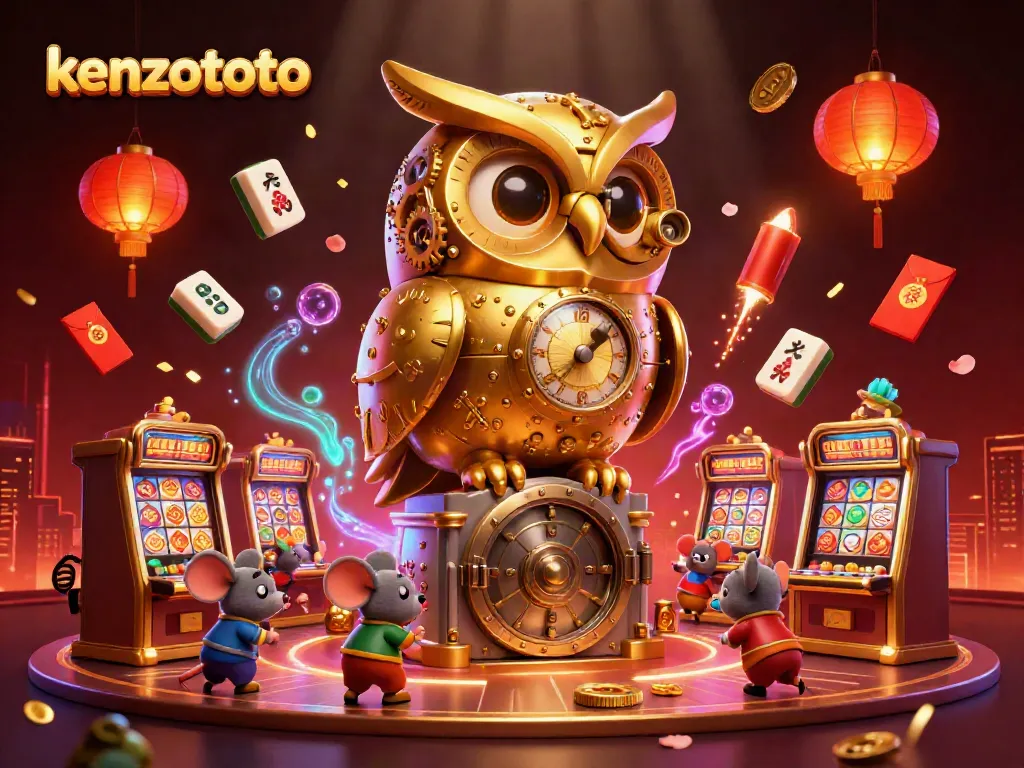 Engage with kenzototo’s dynamic casino scene featuring an owl and playful mice amidst vibrant game elements.