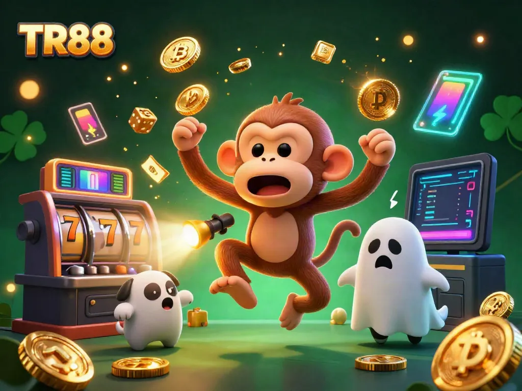 Experience thrilling gaming moments with TR88 as a playful poltergeist juggles golden casino elements.