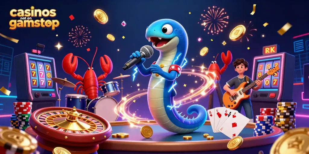 Electric eel DJ performing at an underwater casino, surrounded by casino elements and golden coins.