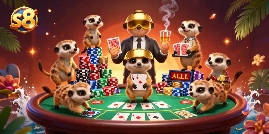 Experience the thrilling s8 casino with meerkats showcasing poker games and vibrant chips.