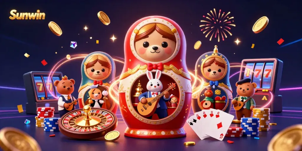 Experience excitement with Sunwin as casino-themed characters interact amid vibrant 3D casino elements.