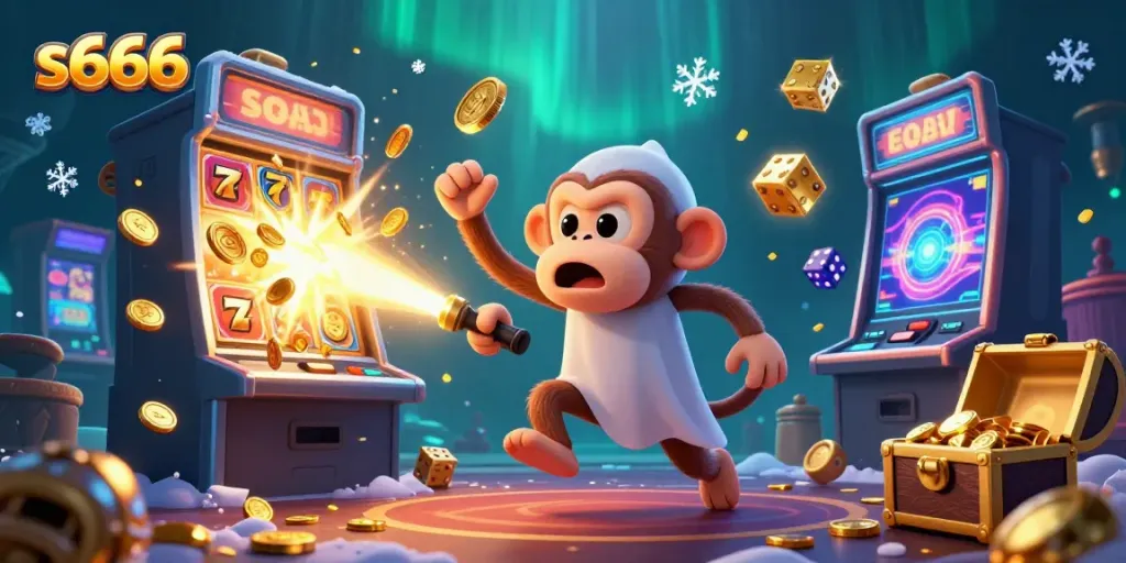 Experience wins at s666 casino with a magical scene of a poltergeist monkey juggling winnings.