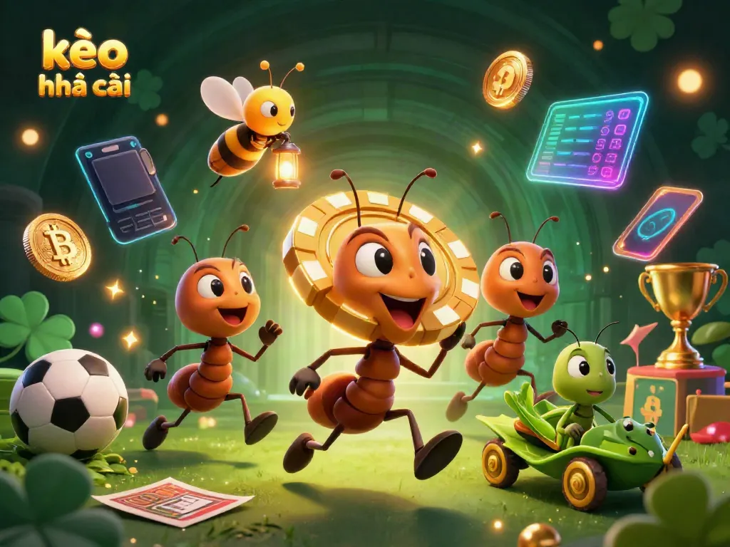 Experience the thrill of kèo nhà cái as ants pull off a heist with a giant poker chip amidst glowing crypto elements.