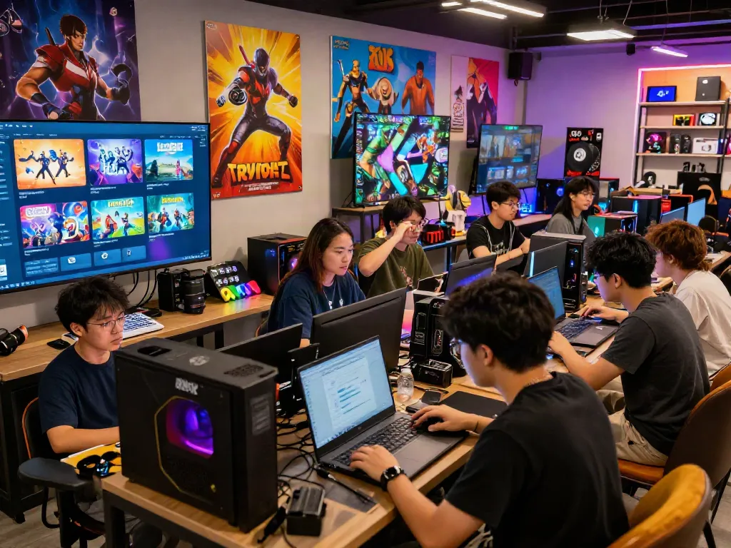 Warung168 digital marketplace with gamers enjoying various games and vouchers in an inviting atmosphere.