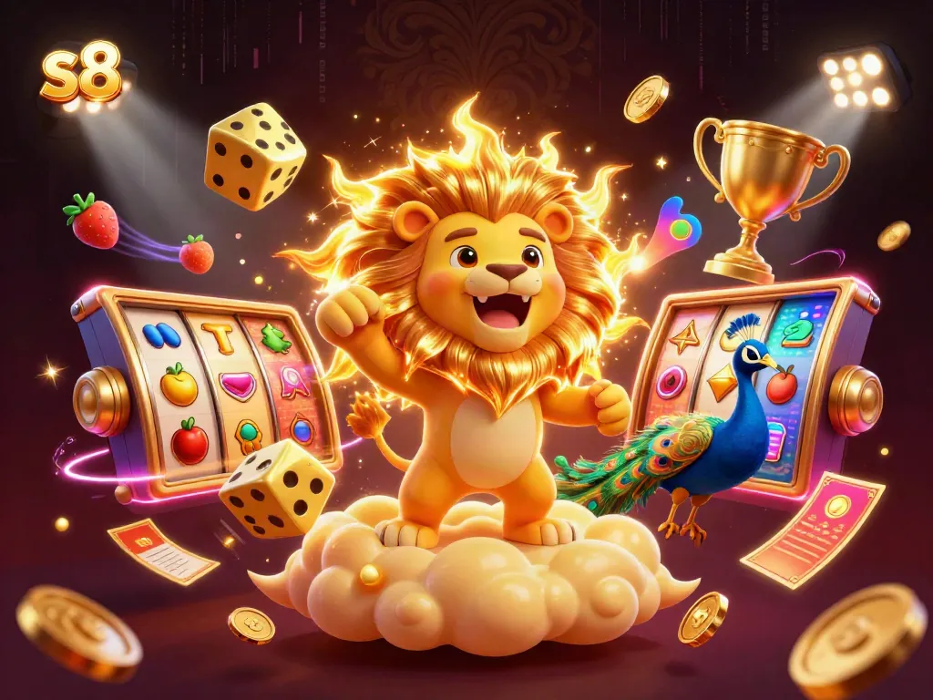 Experience the thrill of S8 with a roaring sun lion amidst golden dice and vibrant slot reels.