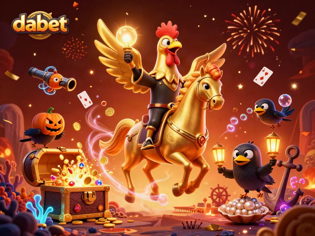 dabet showcases a captivating 3D cartoon scene of a golden rooster with a glowing head navigating a vibrant midnight casino environment.