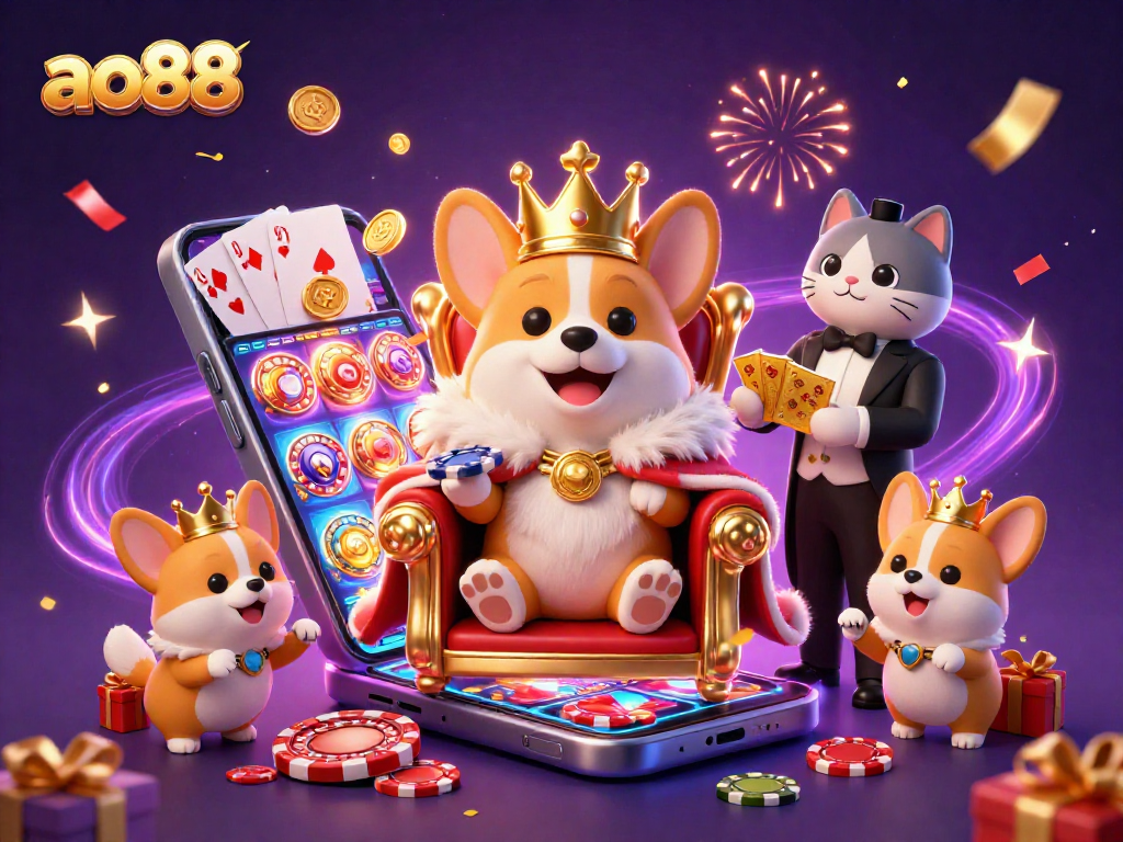 Engage with ao88 through a playful scene of royal corgi royalty and gaming excitement in a vibrant casino