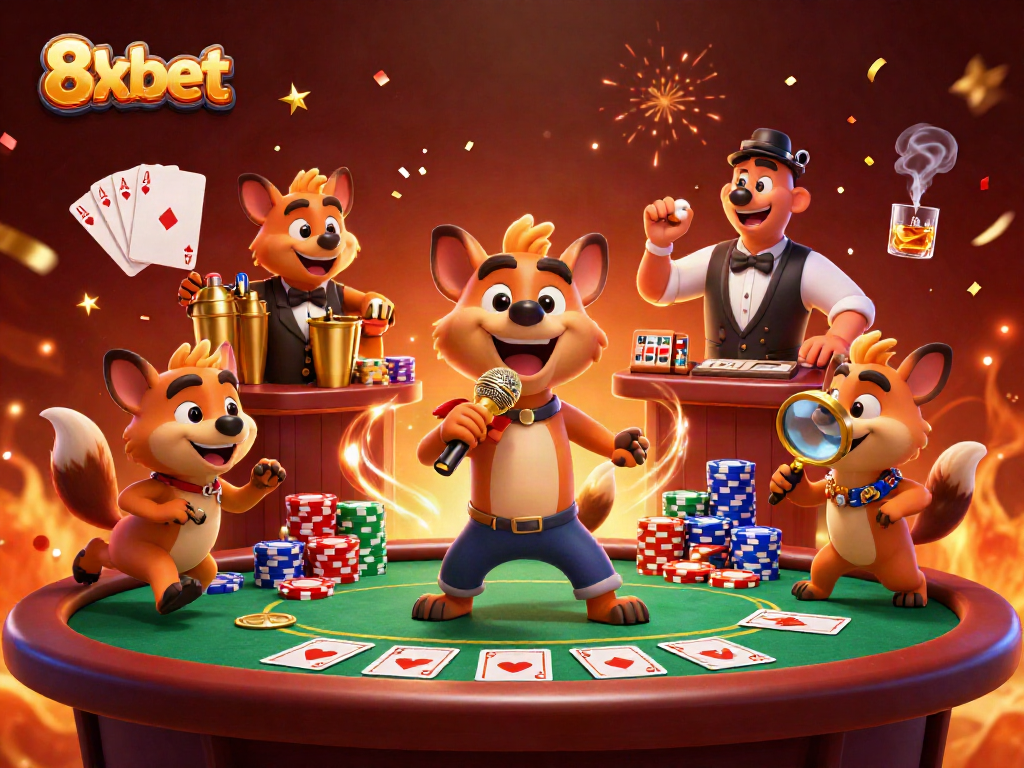Enjoy a vibrant comedy casino scene at 8xbet with jovial hyenas entertaining guests and showcasing poker.