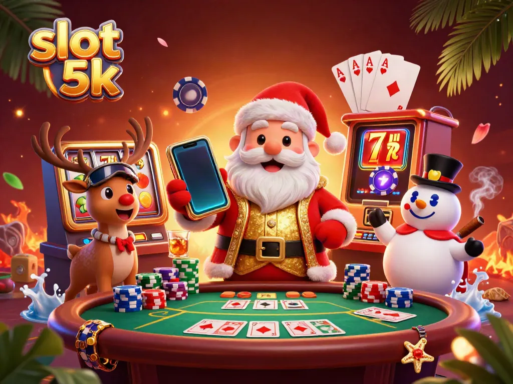 Experience the excitement of slot 5k jackpots with festive characters in this vibrant casino scene.