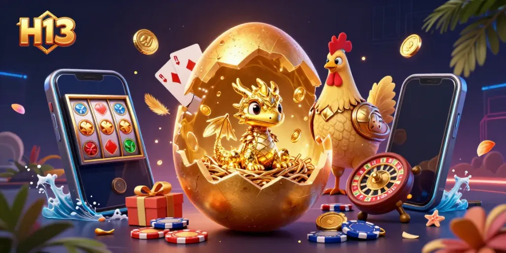 Engage with the thrilling scene of H13 as a golden dragon emerges from a massive egg surrounded by vibrant casino elements.