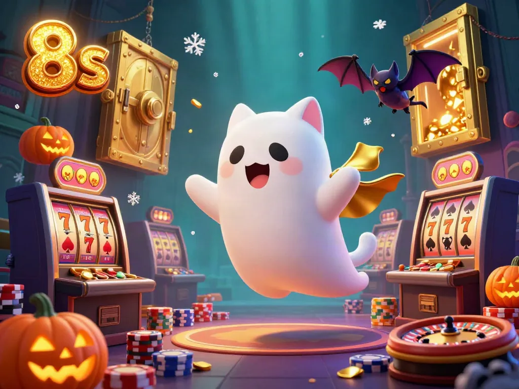 Experience the thrilling world of 8s with a friendly ghost cat and vampire bat in a haunted casino.