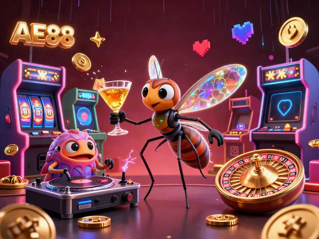 Engage in thrilling gameplay with AE888's vibrant casino illustration featuring animated characters and glowing game elements.