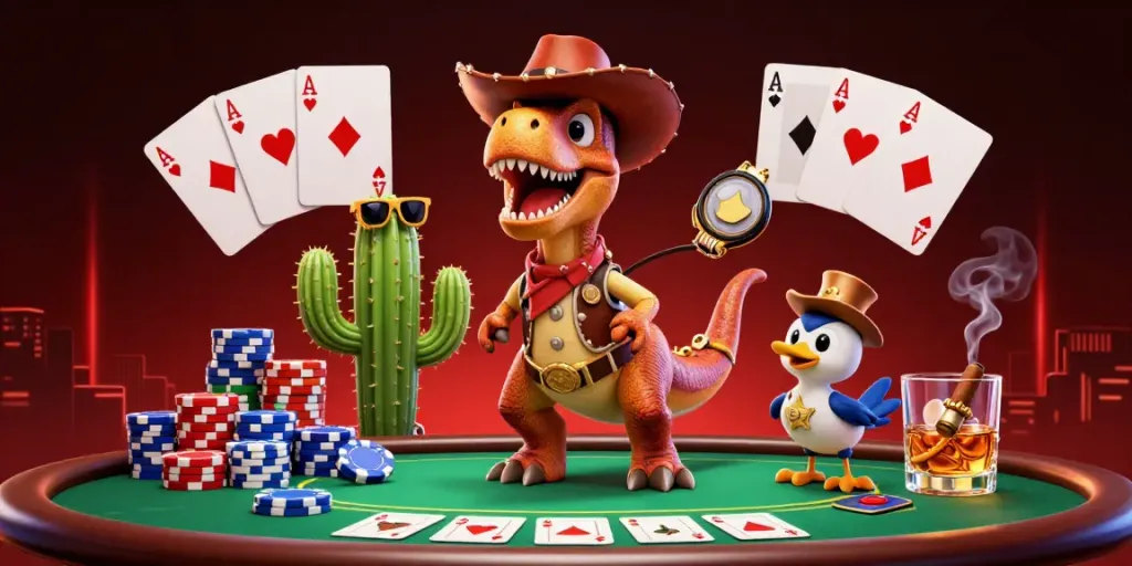 Engage in thrilling poker with 8S characters in a colorful casino scene featuring vibrant chips and cards.