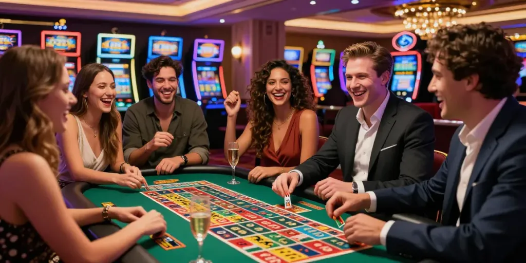 Suasana Bandar Togel yang meriah dengan teman berkumpul di kasino.