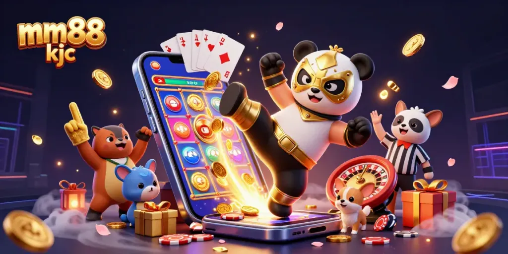 Engaging scene of mm88 kjc showcasing a wrestling panda amid casino elements, energizing the gaming atmosphere.
