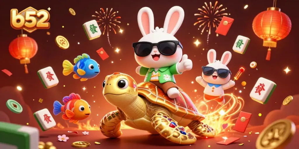Experience the thrill of b52 gaming with a lively scene of a rabbit and turtle amidst casino symbols.