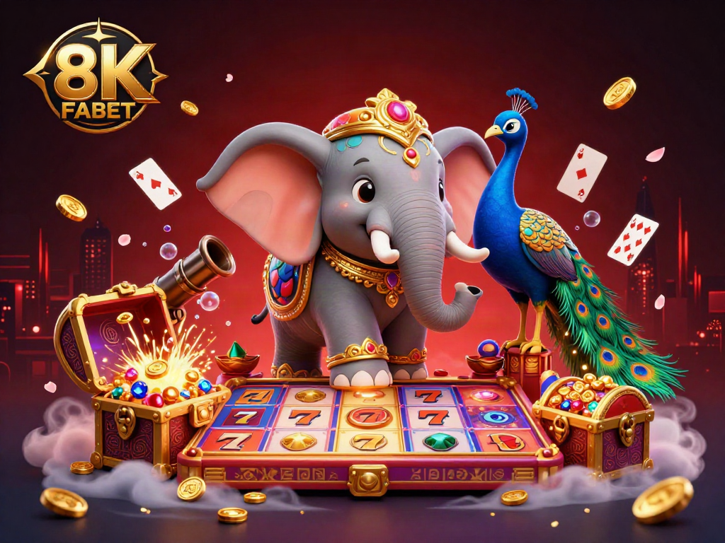 Bet on FABET with vibrant casino themes featuring a colorful elephant and gaming elements.