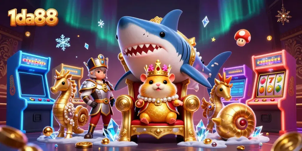 Experience the excitement of online gaming with 1da88 featuring a unique hamster king and colorful game elements.