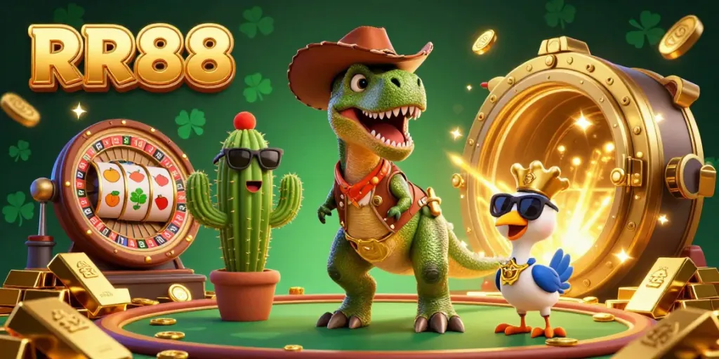 Enjoy thrilling moments at RR88 casino featuring a cartoon T-Rex cowboy in a dynamic gaming scene.