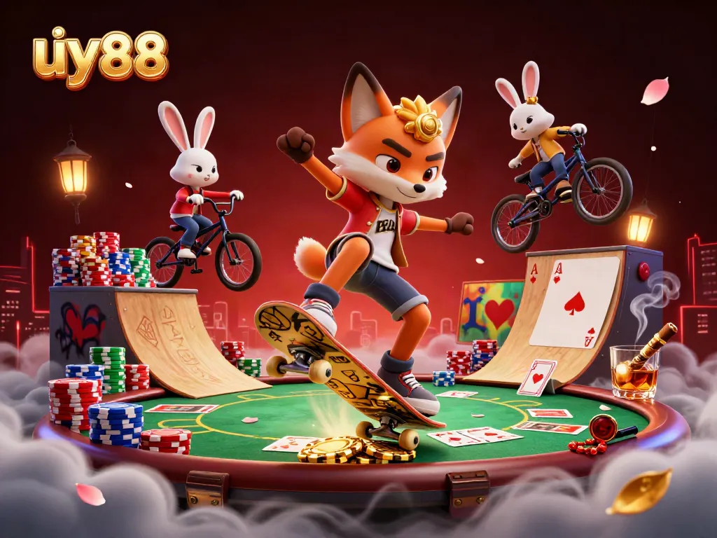 Experience uy88 action with a dynamic 3D scene featuring a skateboarder fox and BMX rabbit in a casino-themed environment.