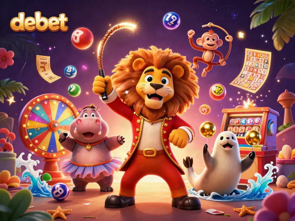 Engage with debet, a vibrant circus-themed gambling scene featuring animated characters and dynamic game elements.